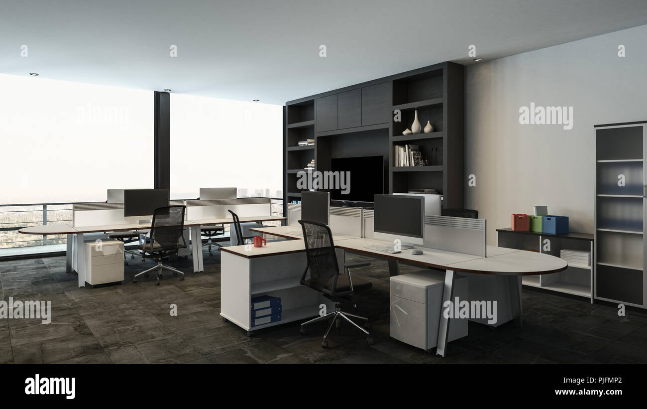 Interior Of A Modern Office With Multiple Workstations Around