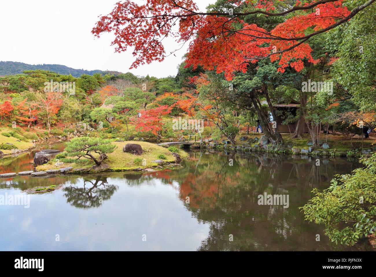 Japanese garden in autumn - Isuien Garden of Nara, Japan. Autumn foliage. Stock Photo