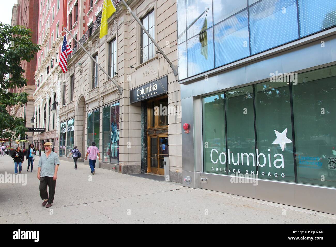 CHICAGO, USA - JUNE 27, 2013: People walk by Columbia College in Chicago. Columbia College was established in 1890 and has more than 10 thousand stude Stock Photo