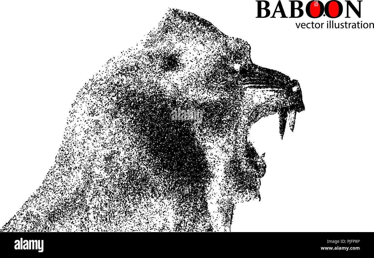 Silhouette of a baboon from particles. Background and text on a separate layer, color can be changed in one click. Stock Vector