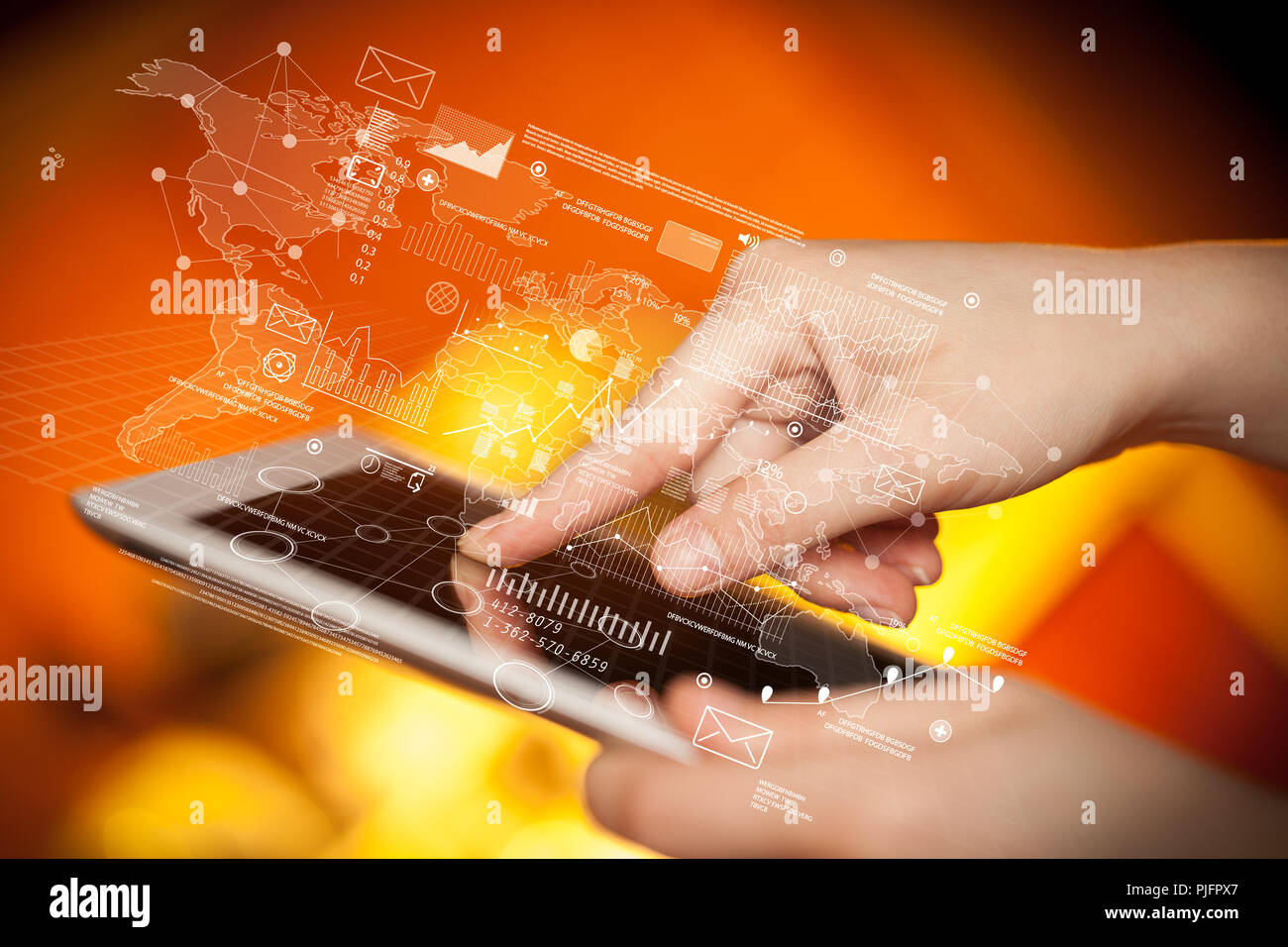 Female hands touching tablet with maps and charts Stock Photo - Alamy