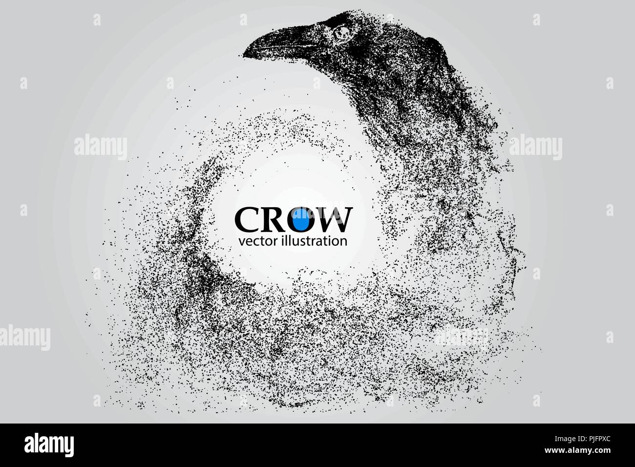 Silhouette of a crow from particles. Background and text on a separate layer, color can be changed in one click. Stock Vector