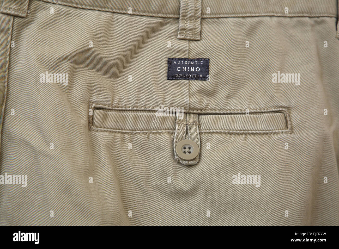 Close Up of Chino Trousers Pocket and Label Stock Photo