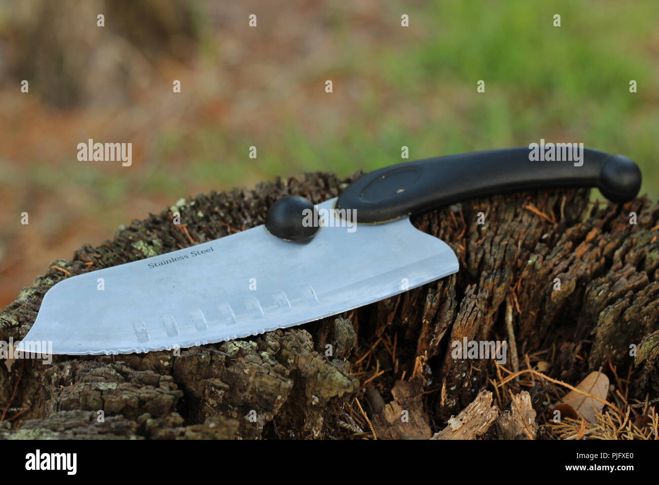 stainless steel knife on a wood stump outdoors close up Stock Photo