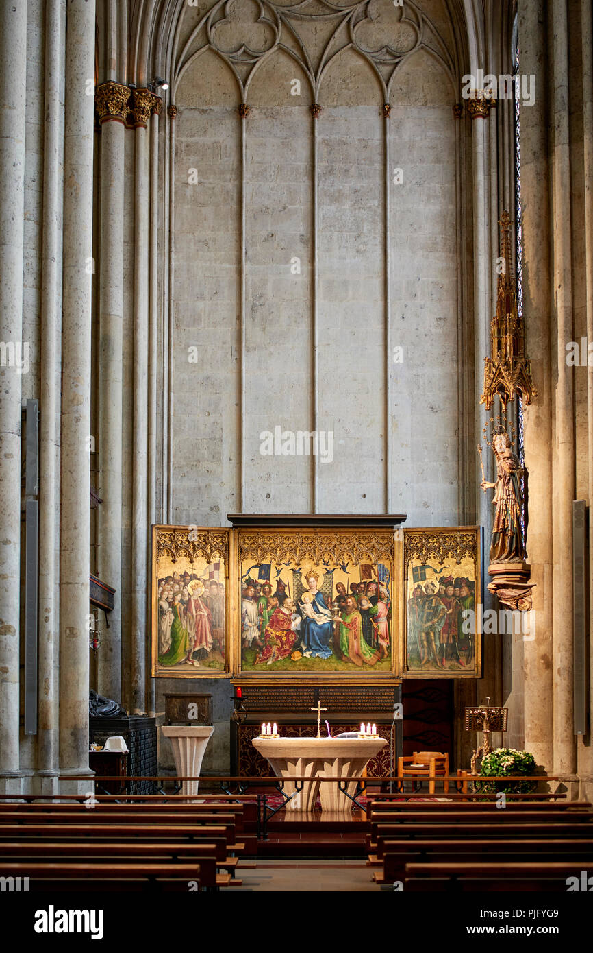Cologne Cathedral, Altar of the City Patrons, c. 1442, “Three Kings” (Stephan Lochner), in the Lady Chapel Stock Photo