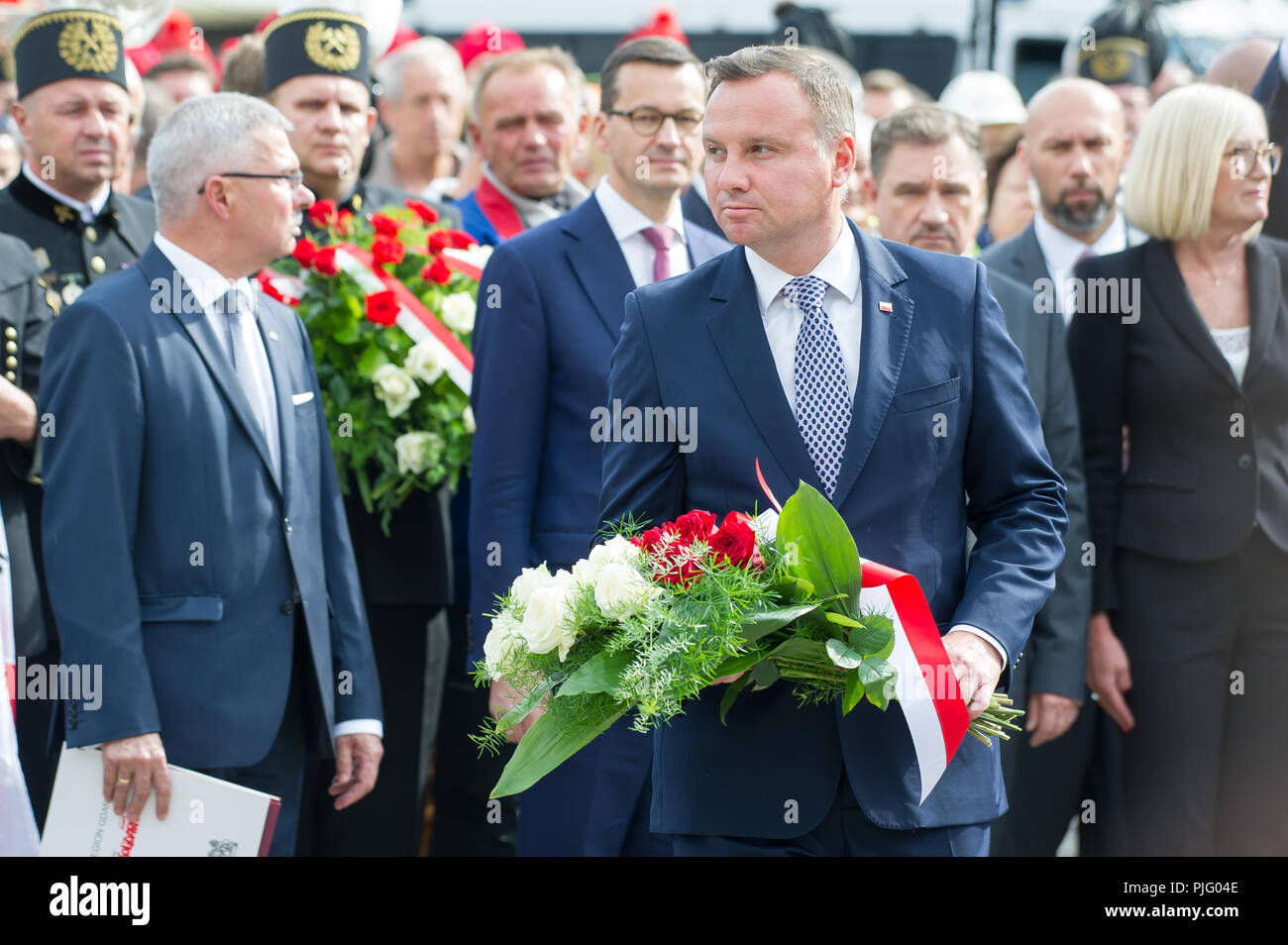 Andrzej Duda, President of Poland, and Mateusz Morawiecki, Prime Minister of Poland, during 38th anniversary of Gdansk Agreement in Gdansk, Poland. Au Stock Photo