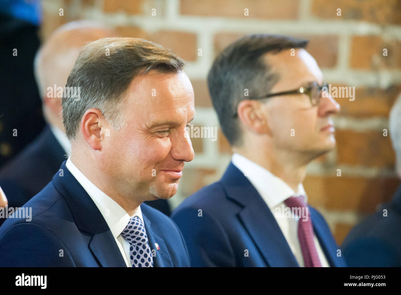 Andrzej Duda, President of Poland, and Mateusz Morawiecki, Prime Minister of Poland, during the Holy Mass in St. Bridget Church in 38th anniversary of Stock Photo