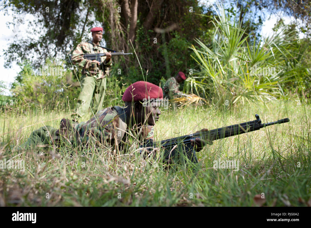 Kenyan security personnel patrol in the Tana Delta near the Kenyan coast, September 20, 2012. Stock Photo
