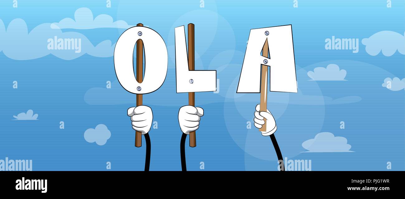Diverse hands holding letters of the alphabet created the word Ola (hello in portuguese). Vector illustration. Stock Vector