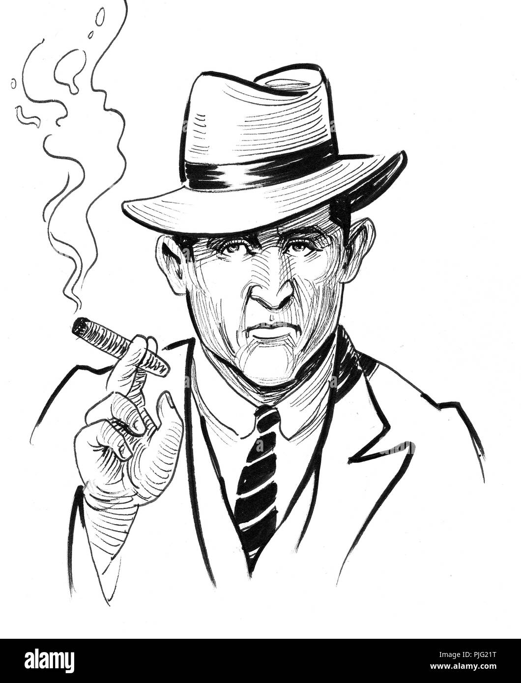 Mafia boss with a smoking cigar. Ink black and white drawing Stock Photo