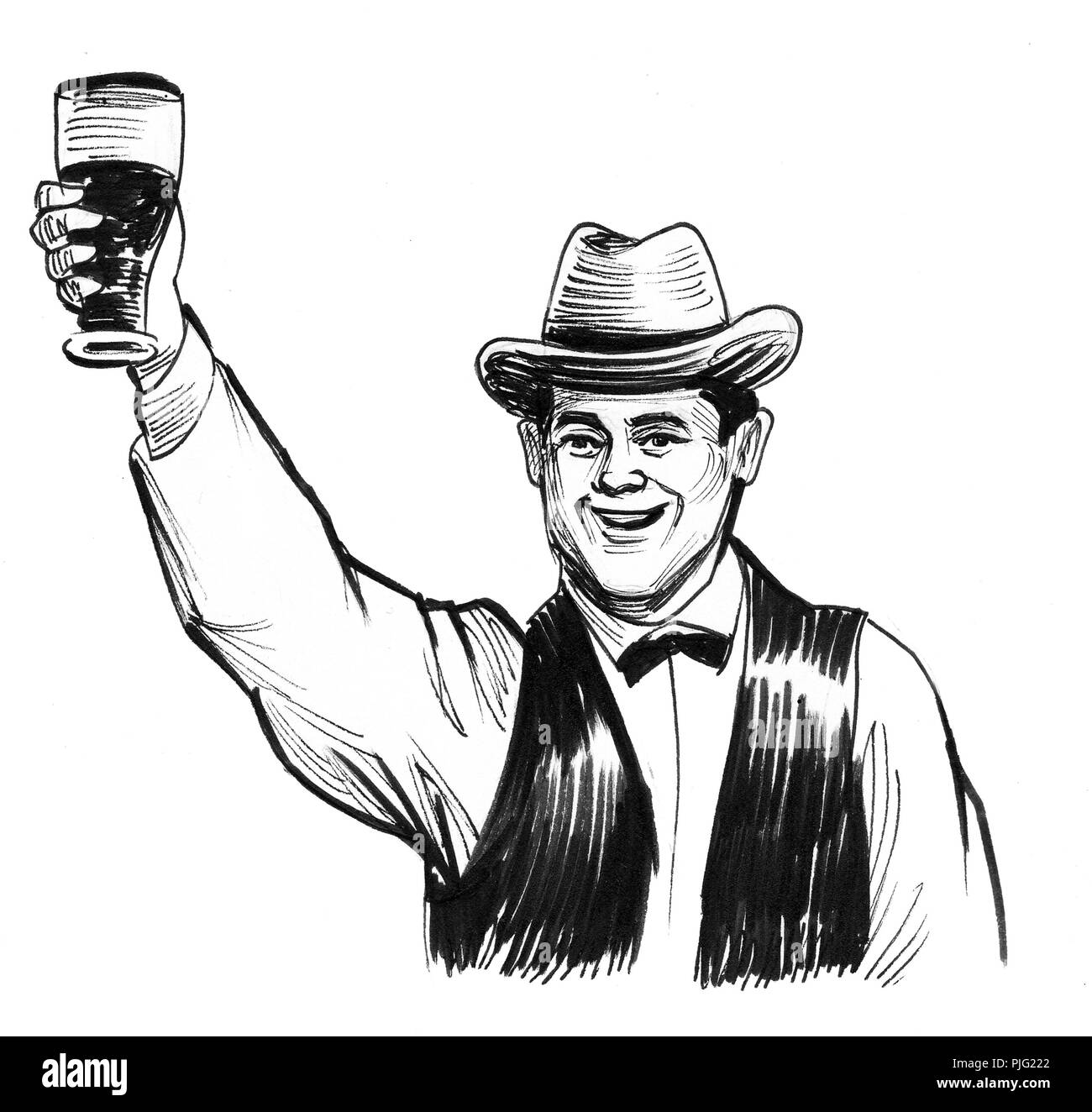 Man with a glass of beer. Ink black and white illustration Stock Photo
