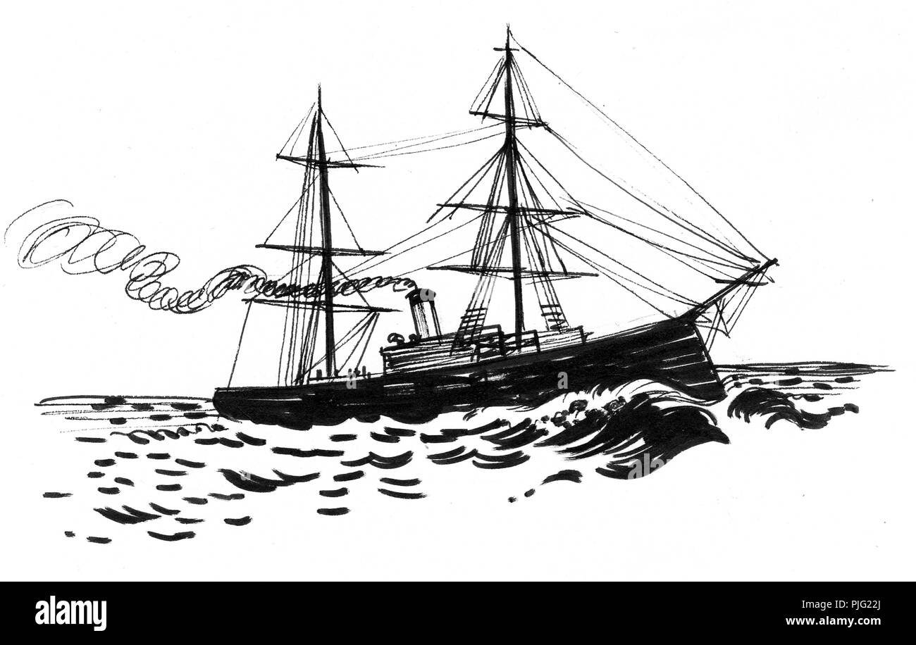 Old sailing ship. Ink black and white illustration Stock Photo - Alamy