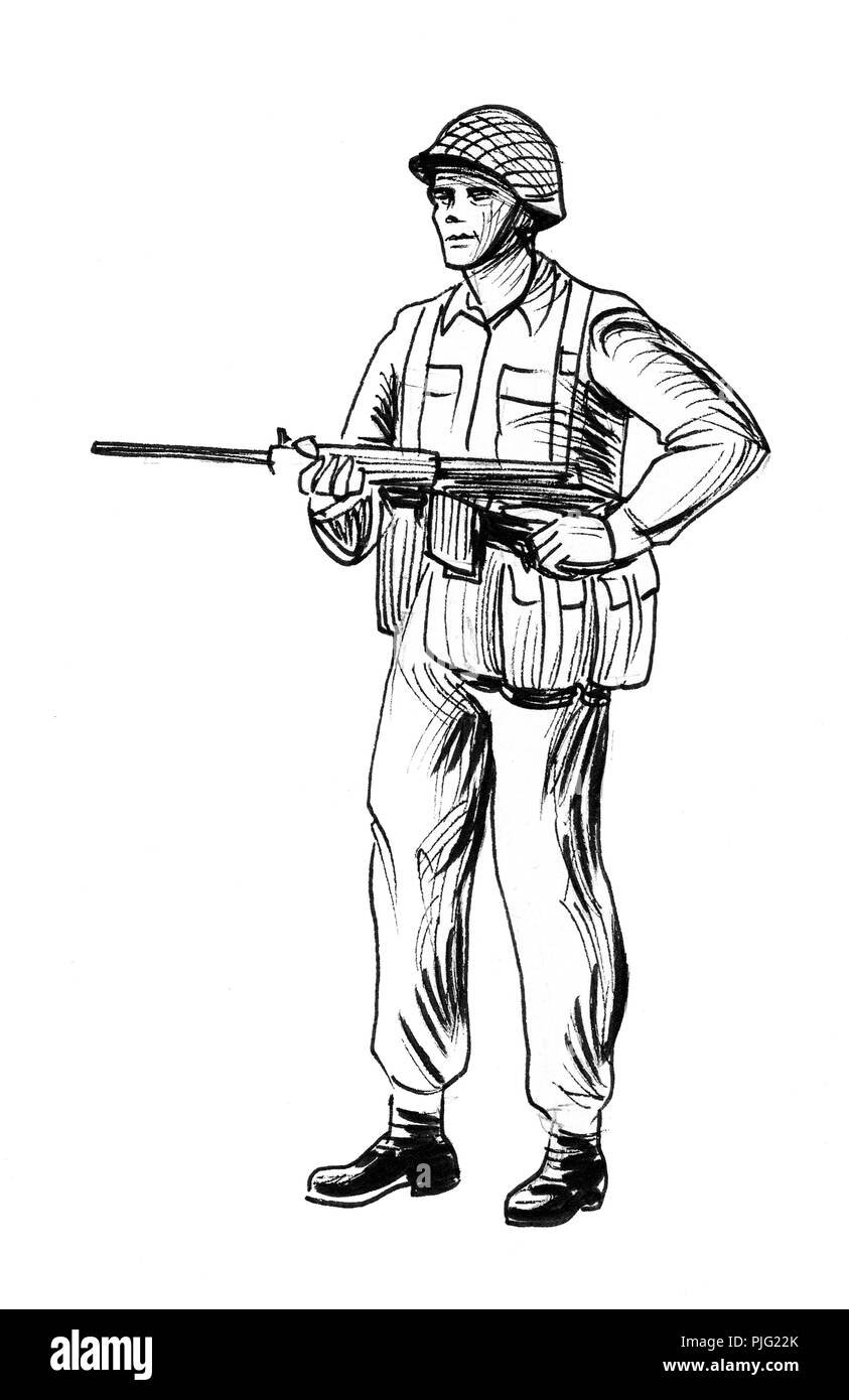 NATO soldier. Ink black and white illustration Stock Photo Alamy