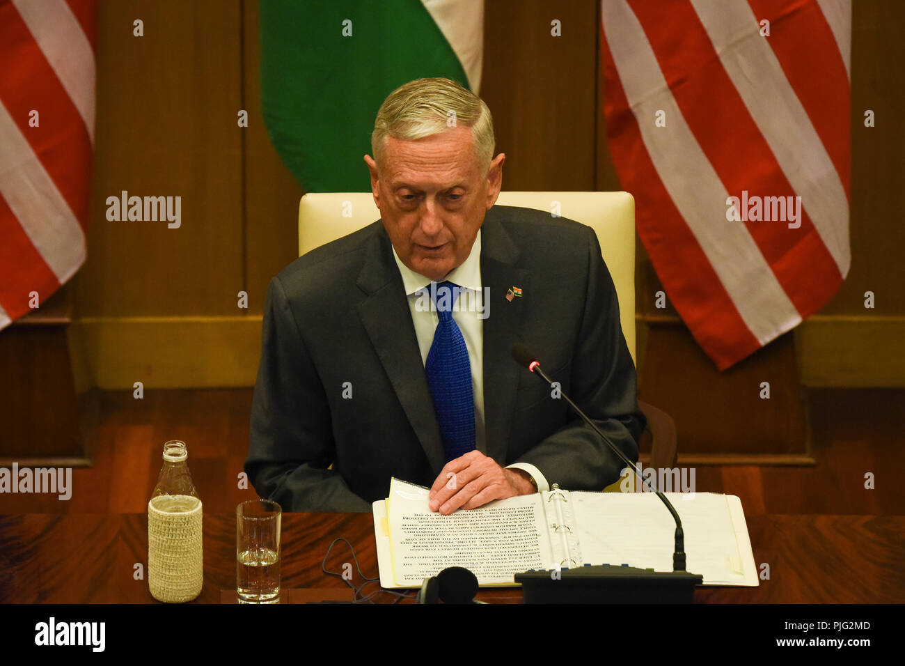 New Delhi, India. 06th Sep, 2018. US Secretary of Defense Jim Mattis as they present statements to the media following a meeting with their Indian counterparts in New Delhi. Credit: Indraneel Chowdhury/Pacific Press/Alamy Live News Stock Photo