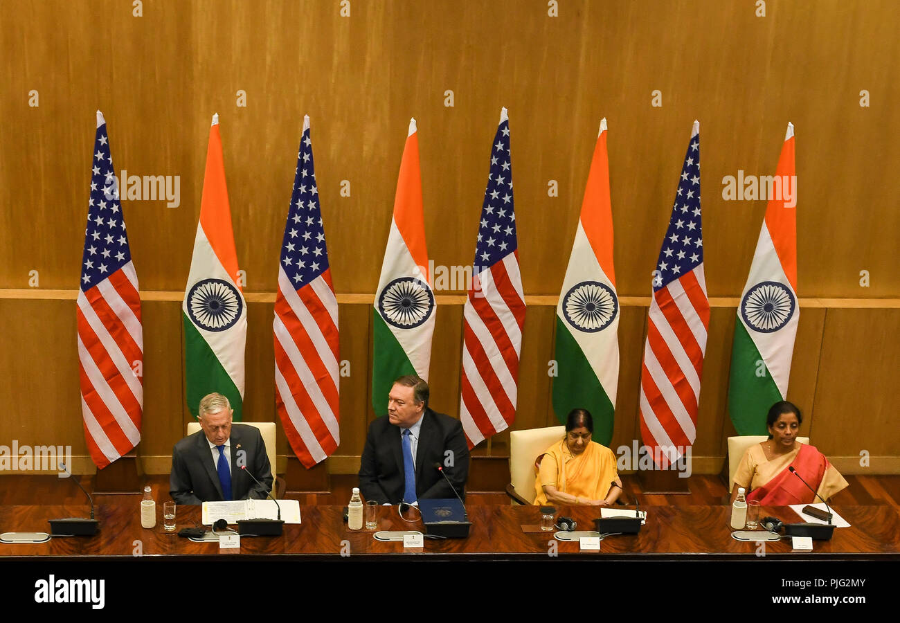 New Delhi, India. 06th Sep, 2018. US Secretary of Defense Jim Mattis (L), US Secretary of State Mike Pompeo (2L), Indian Foreign Minister Sushma Swaraj (2R) and Indian Defense Minister Nirmala Sitharaman (R) present statements to the media following a meeting in New Delhi. Credit: Indraneel Chowdhury/Pacific Press/Alamy Live News Stock Photo