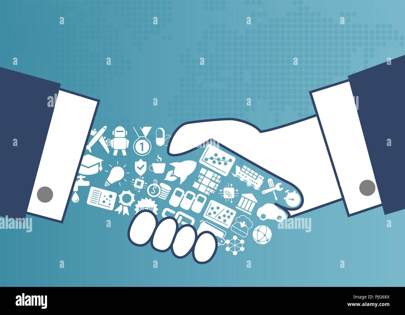 Digital enabled global trade concept with illustration of handshake between business men. Stock Vector