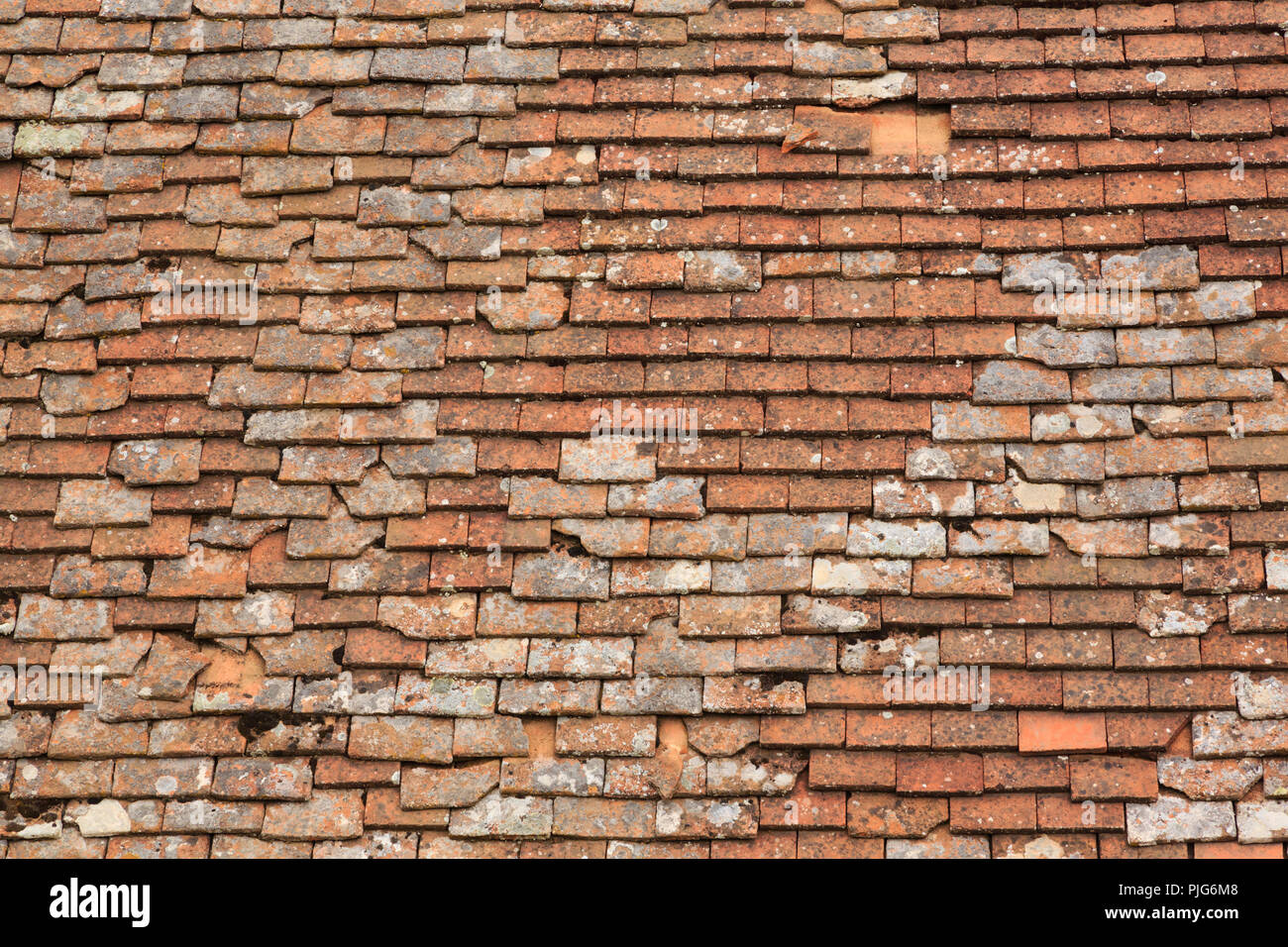 Old, distressed clay roof tiles. Stock Photo