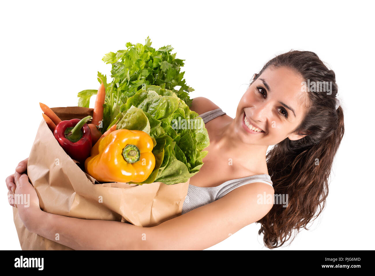 Bio shopping concept with girl at the super market with Stock Photo