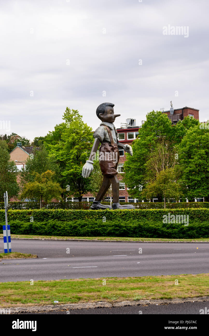 The Walking to Borås statue of Pinnochio by pop artist Jim Dine, in Boras, Sweden Stock Photo