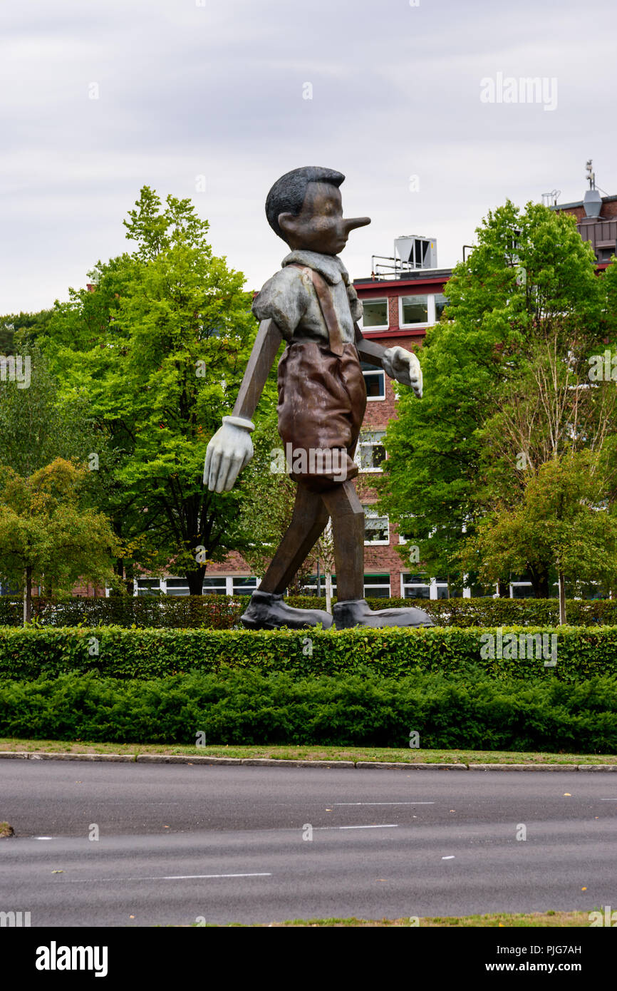 The Walking to Borås statue of Pinnochio by pop artist Jim Dine, in Boras, Sweden Stock Photo