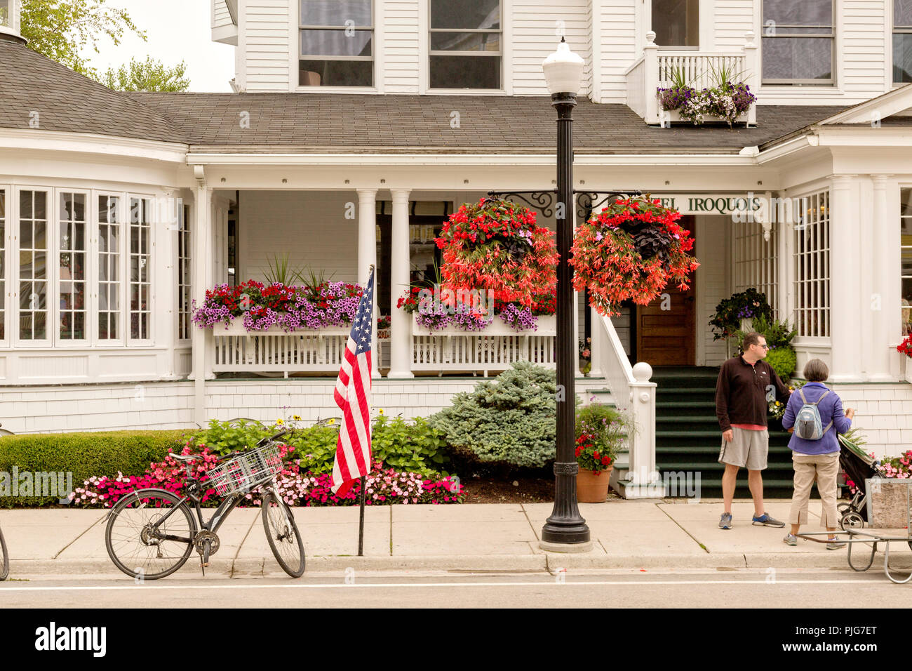 Charming facade of a hotel, typical on the historic Mackinac Island. Stock Photo