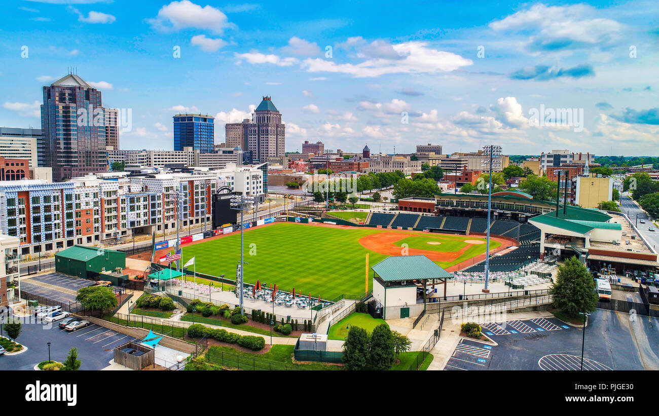 Drone Aerial of Downtown Greensboro North Carolina NC Skyline Stock