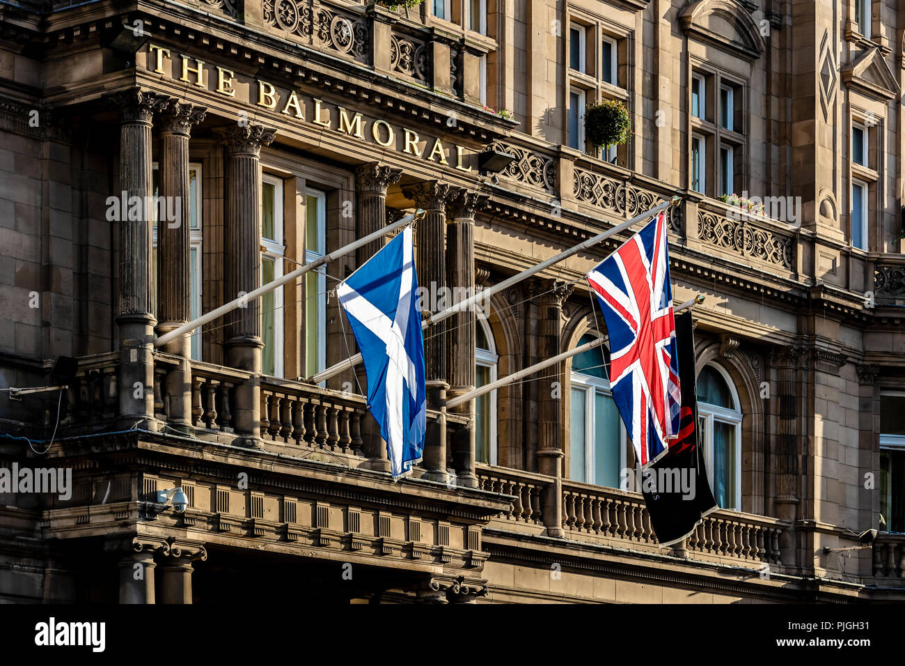 The Balmoral Hotel architectural exterior facade close up view, prestigious luxury hotel in Prince Street Edinburgh, UK Stock Photo