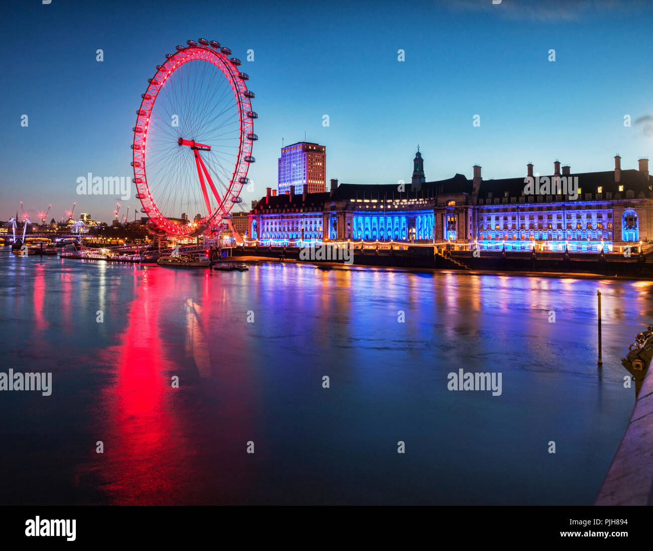 London Eye and County Hall, on the South Bank of the Thames ...