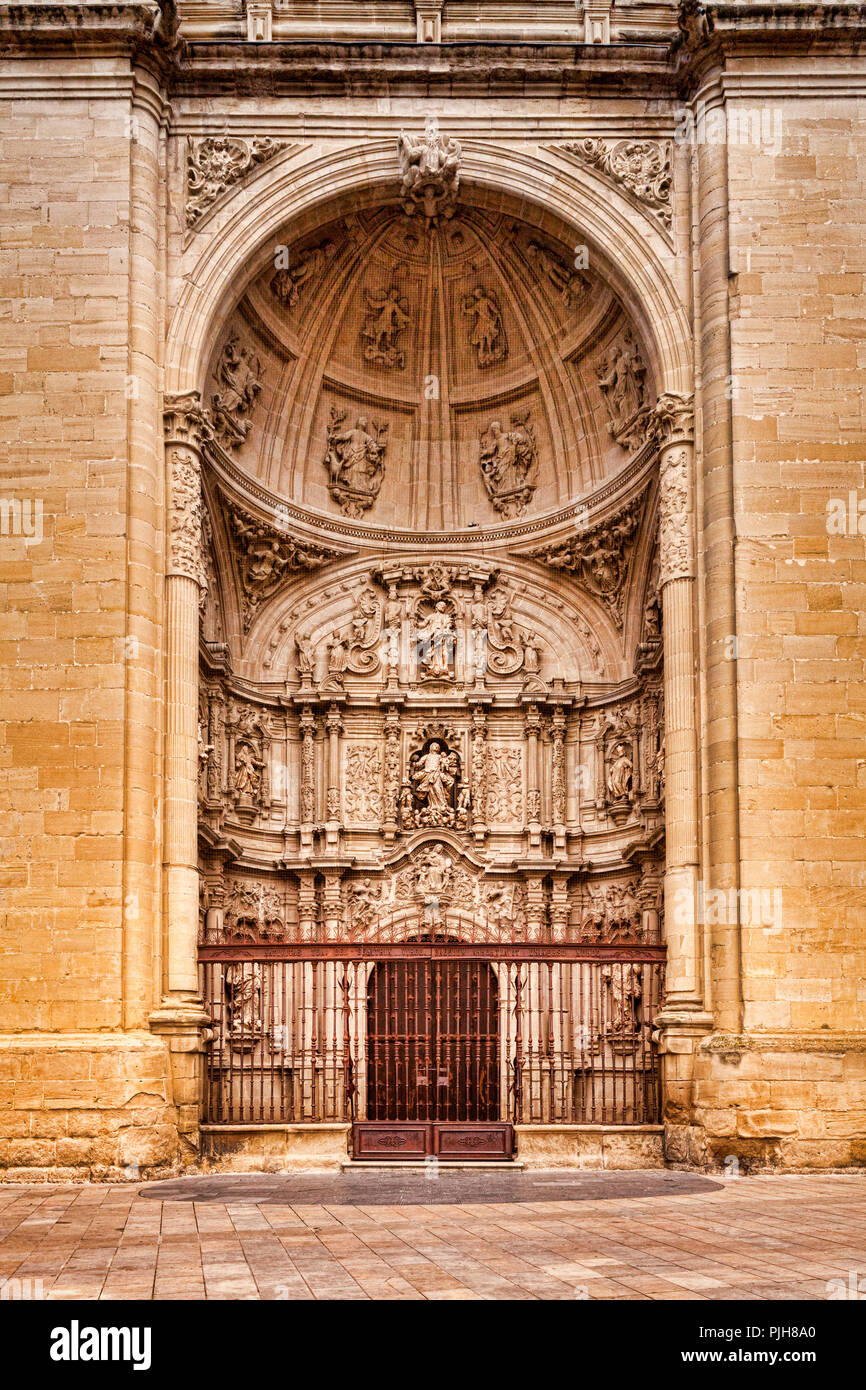 The west door of the Concatedral de Santa María de la Redonda, Logrono, La Rioja, Spain. There is a fine mesh netting above the gate which is visible  Stock Photo