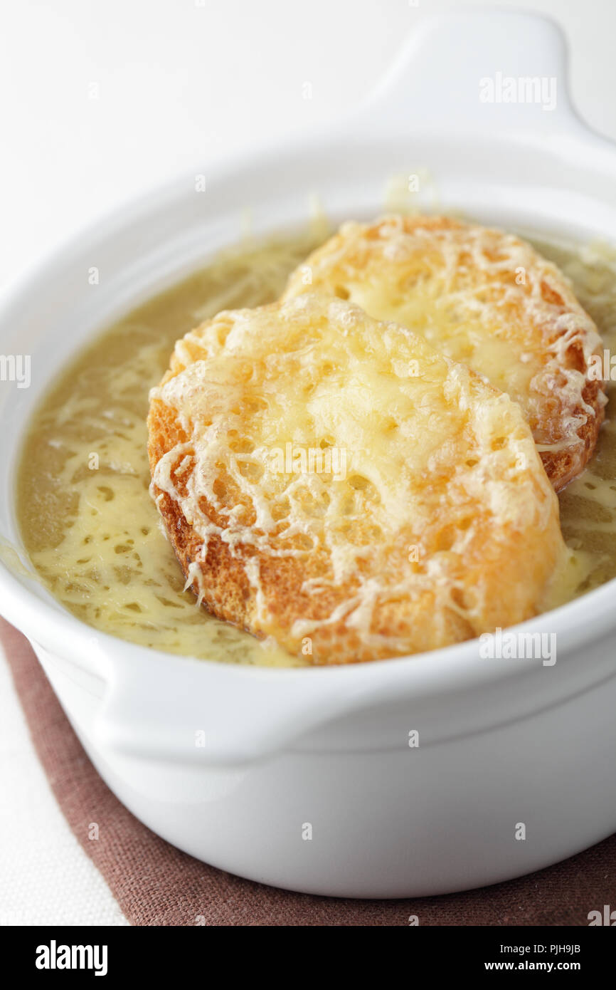 Onion soup with croutons and cheese Stock Photo