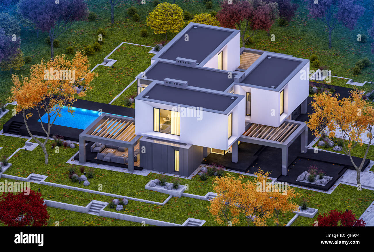 3d Rendering Of Modern Cozy House In The Garden With Garage For