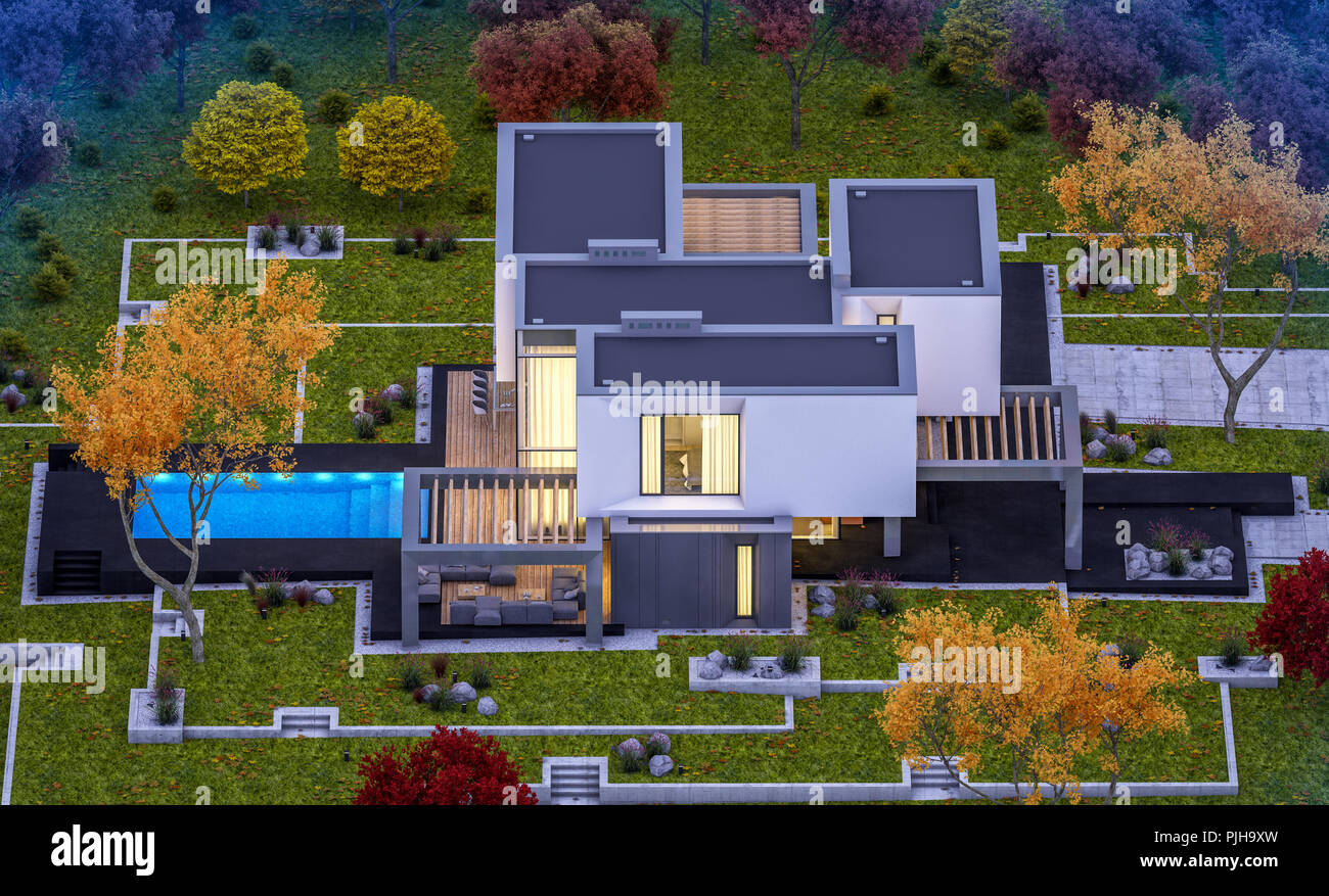 3d Rendering Of Modern Cozy House In The Garden With Garage For