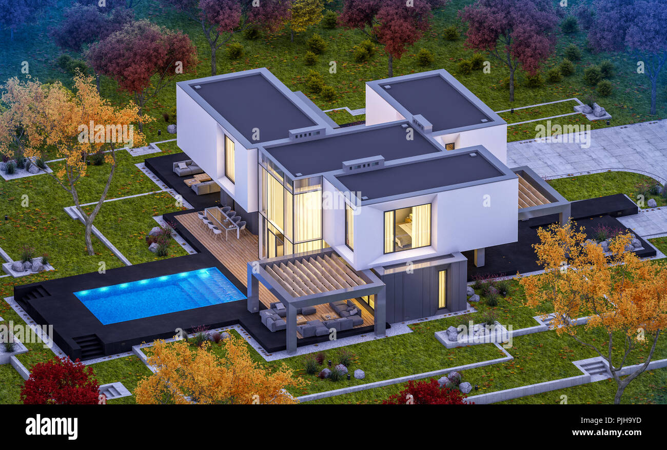 3d Rendering Of Modern Cozy House In The Garden With Garage For
