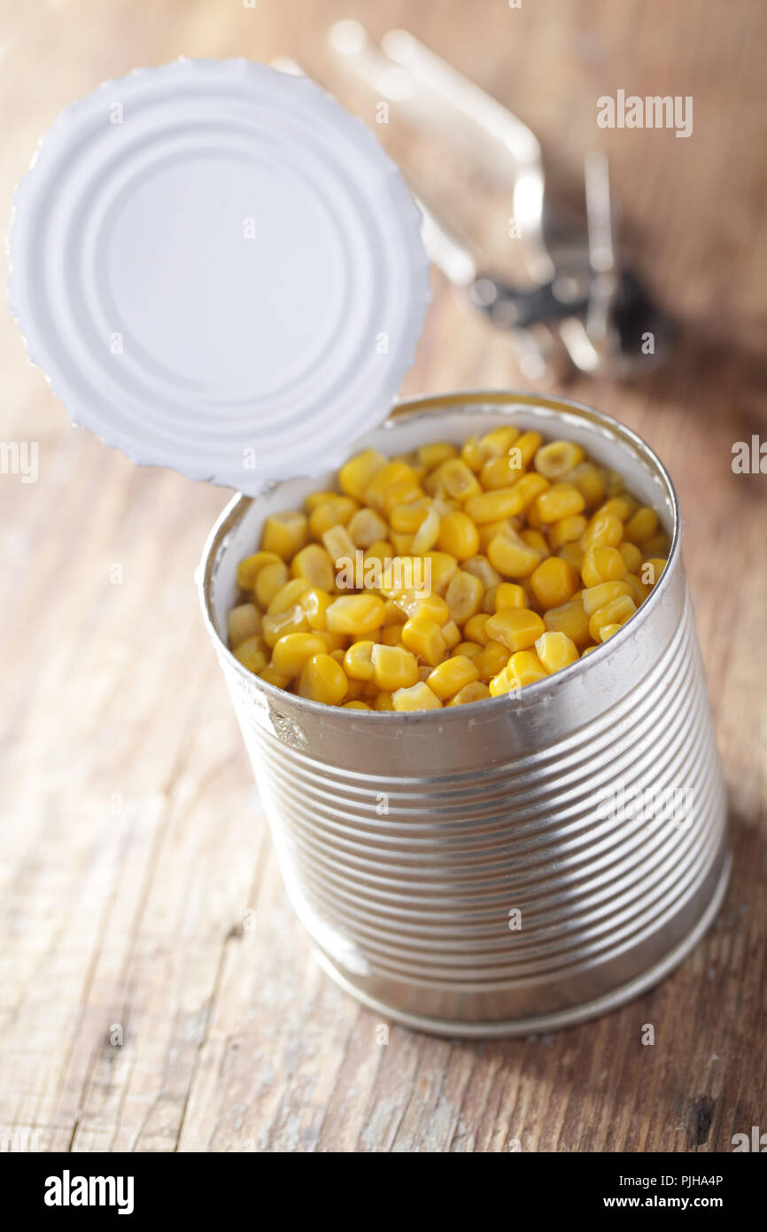 Canned sweet corn in the jar closeup Stock Photo