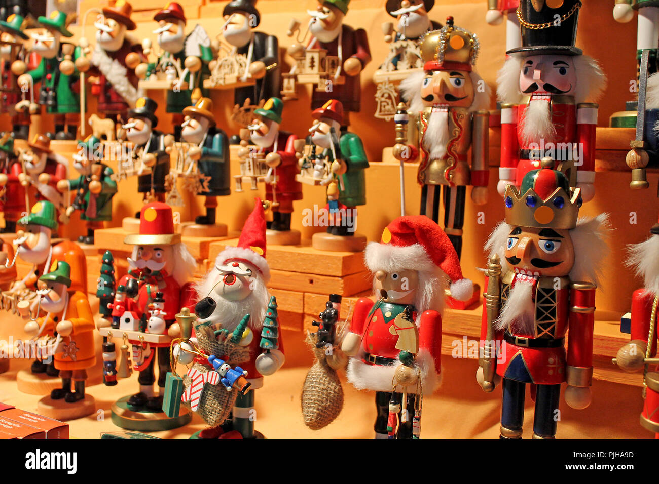 Colorful smokers and nutcrackers at a traditional Christmas market in