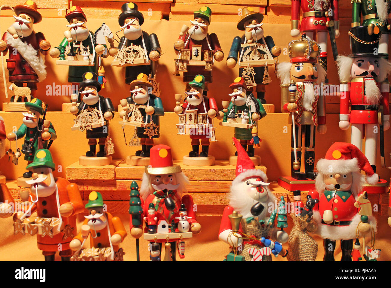 Colorful smokers and nutcrackers at a traditional Christmas market in Rothenburg, Germany. Stock Photo