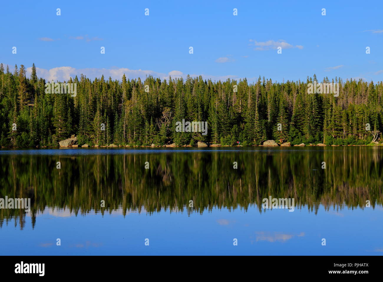 Bear Lake and reflection with mountains, Rocky Mountain National Park ...