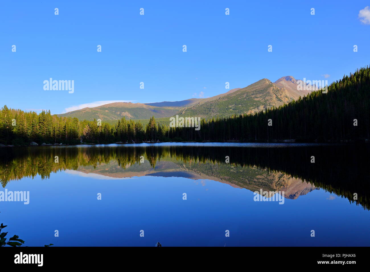 Bear Lake and reflection with mountains, Rocky Mountain National Park ...