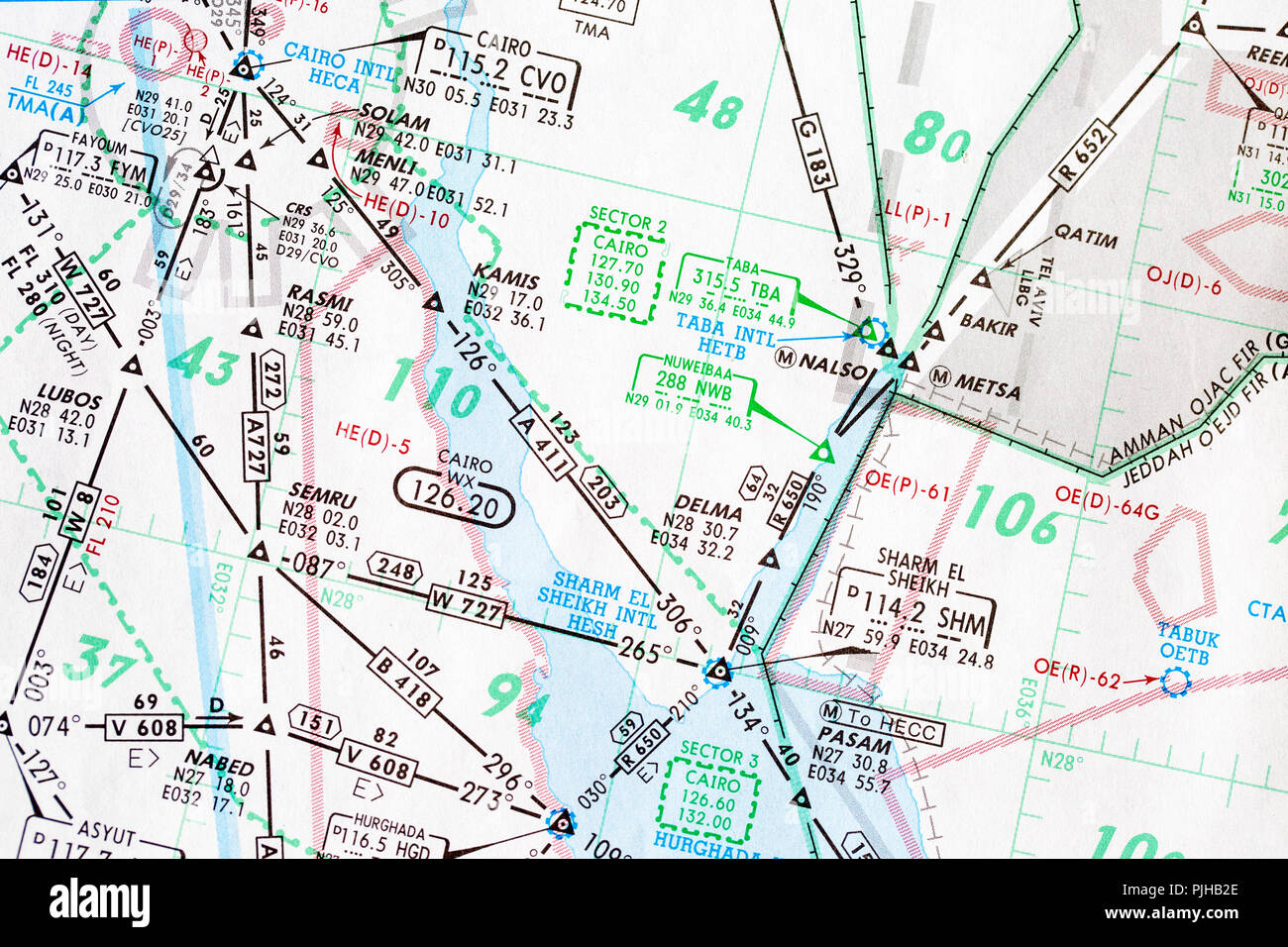 Detail of a commercial aviation pilot's flight map of the Middle East. Stock Photo