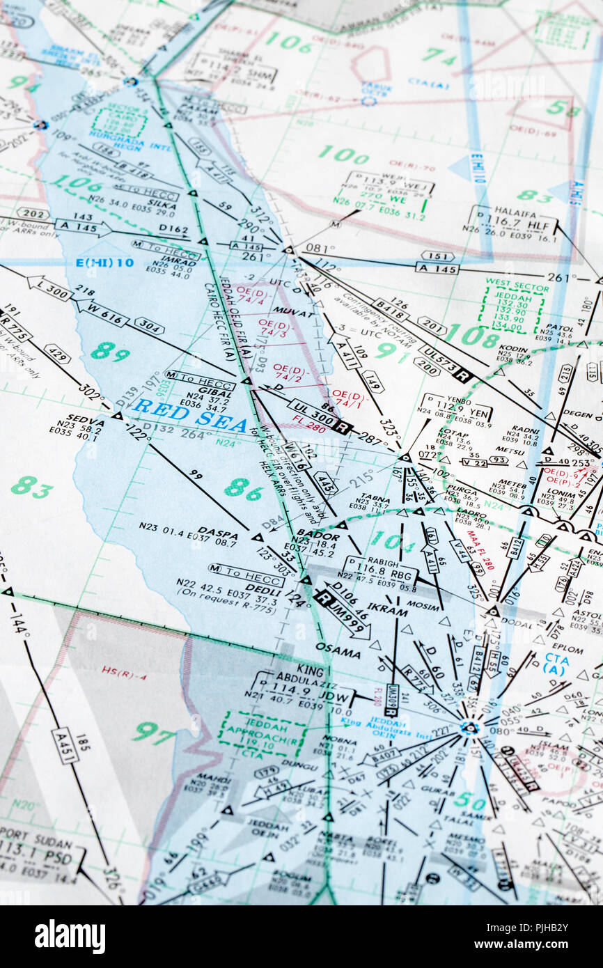 Detail of a commercial aviation pilot's flight map of the Middle East. Stock Photo