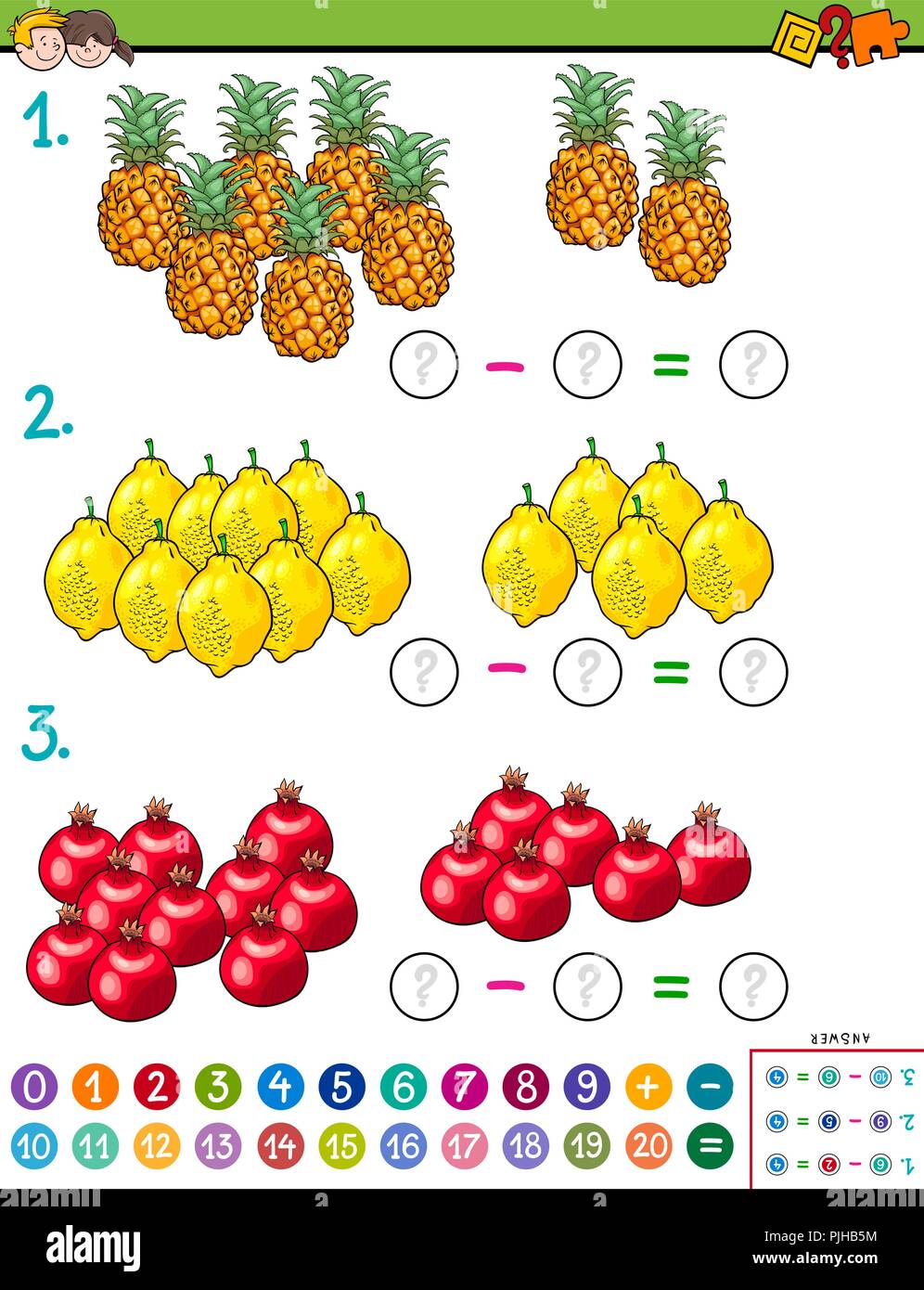 Cartoon Illustration of Educational Mathematical Subtraction Puzzle Game for Children with Fruits Stock Vector