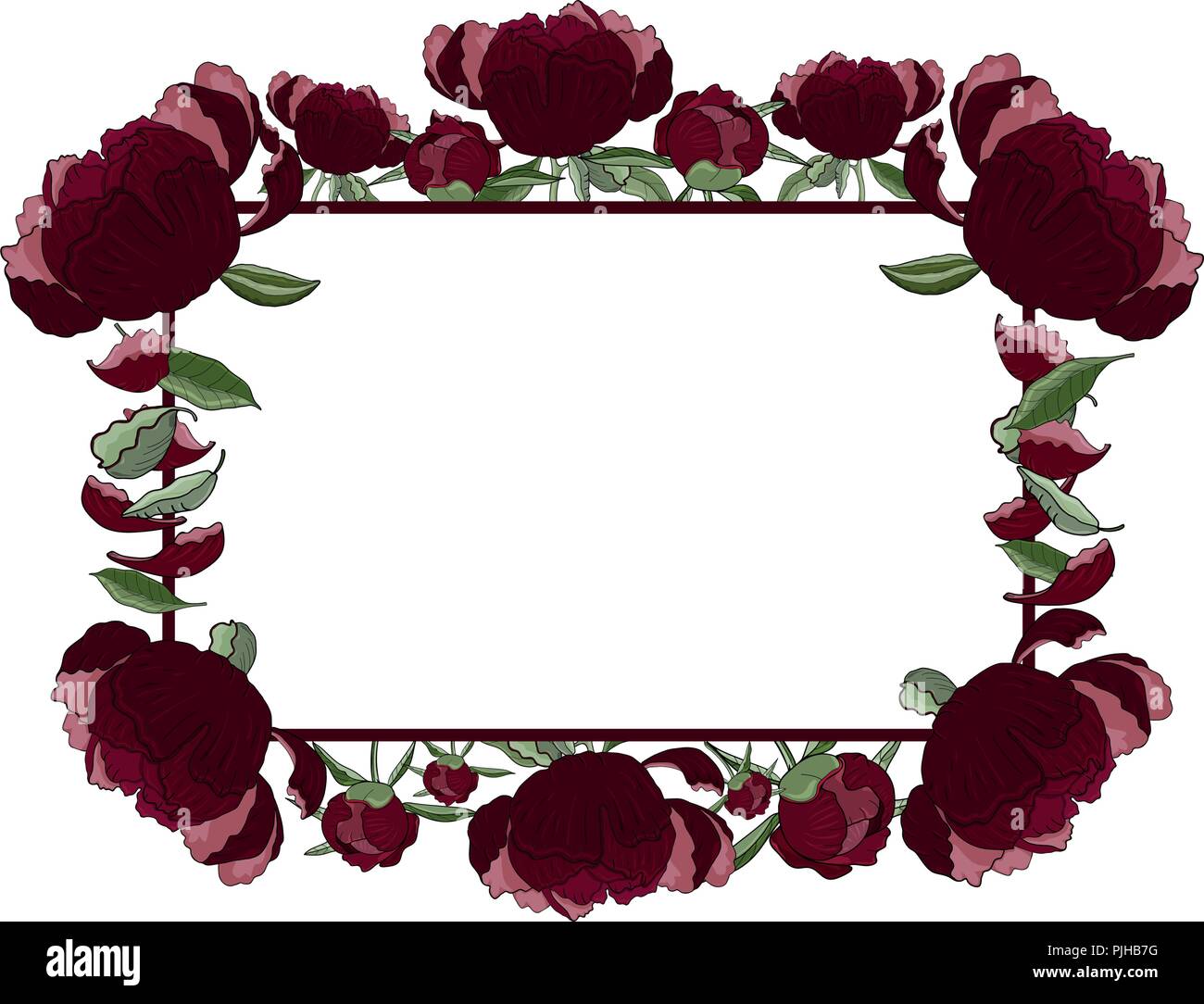 Floral rectangular frame of dark red peony flowers, buds and leaves with copy space. Romantic design, wedding announcements, greeting cards, posters,  Stock Vector