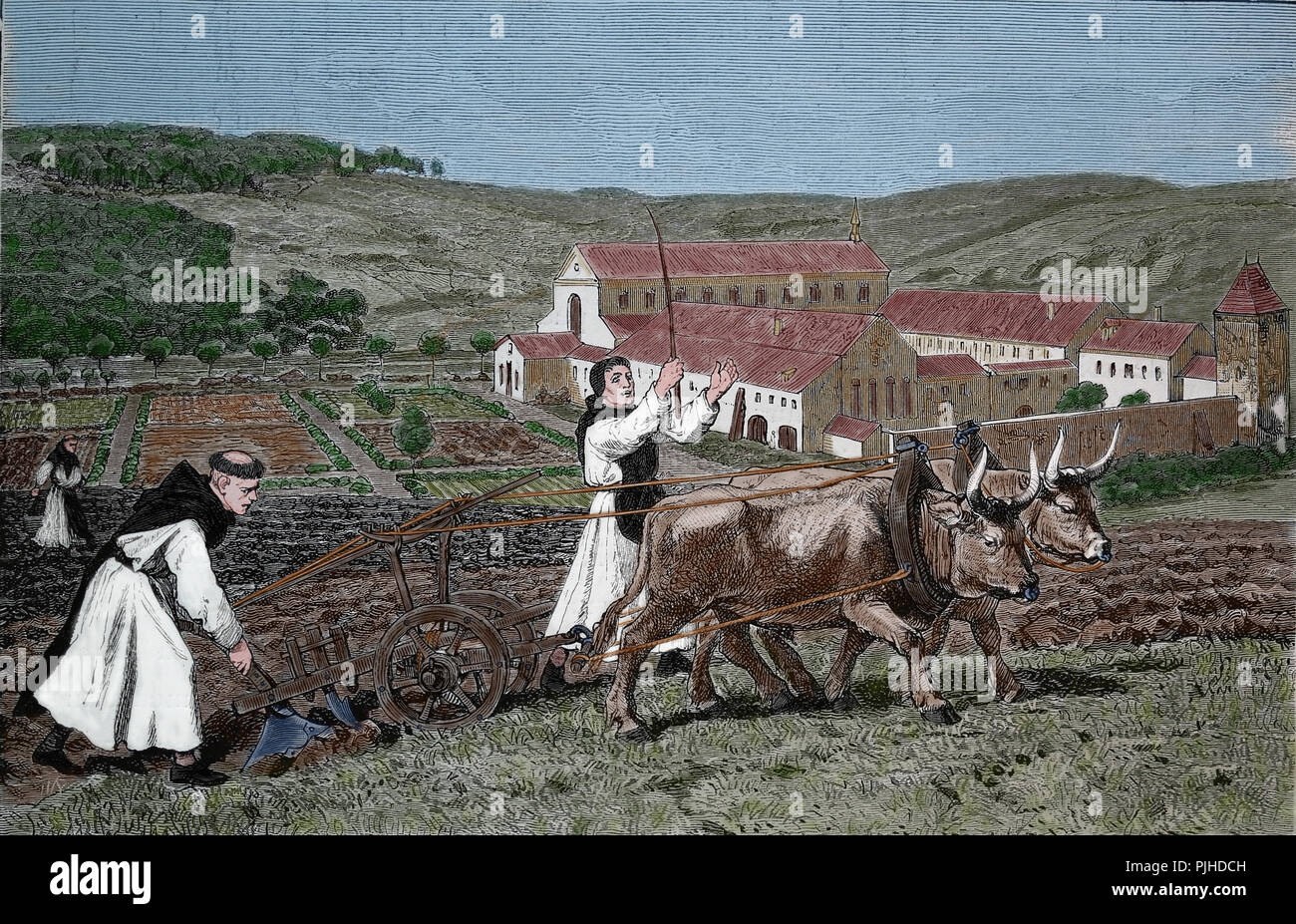 Middle Ages. German monks plowing the earth. Engraving of Germania, 1882. Color. Stock Photo