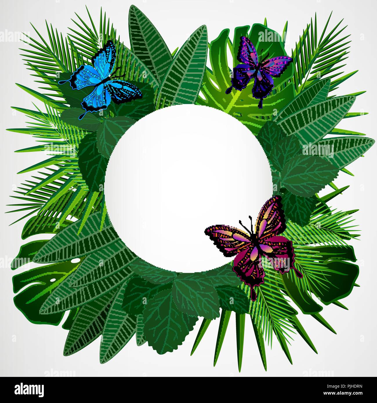 Tropical leaves with butterflies. Floral design background. Stock Vector