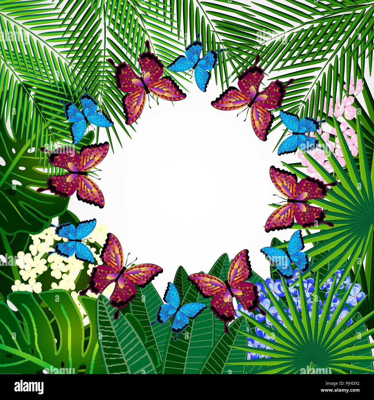 Floral design background. Tropical flowers and butterflies. Stock Vector