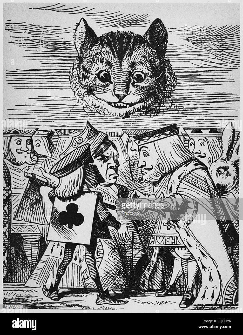 Illustration by Sir John Tenniel Alice in Wonderland, by Lewis Carroll London, MacMilllan, 1865. Executioner argues with King about cutting off Cheshi Stock Photo