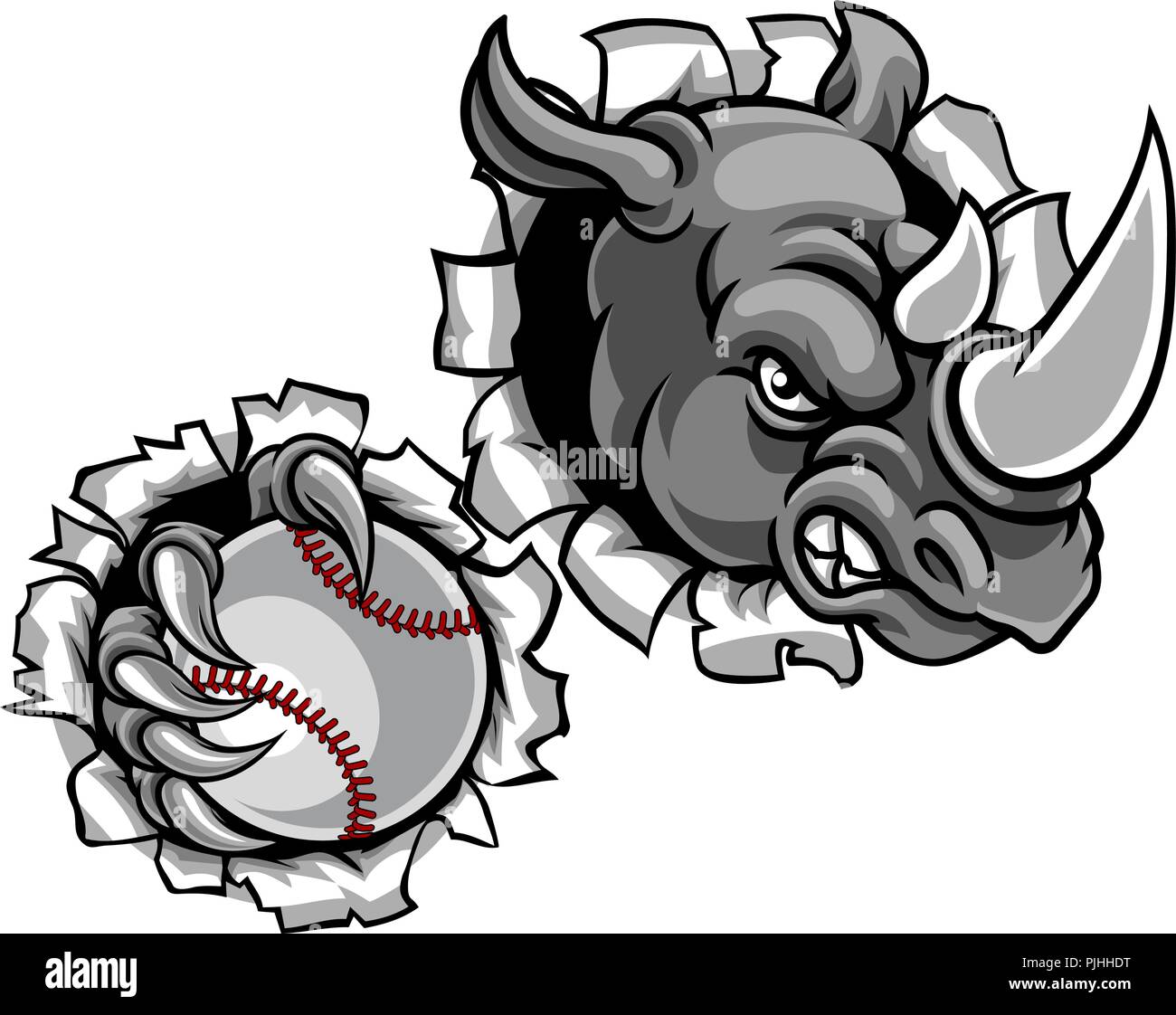 Rhino Holding Baseball Ball Breaking Background Stock Vector