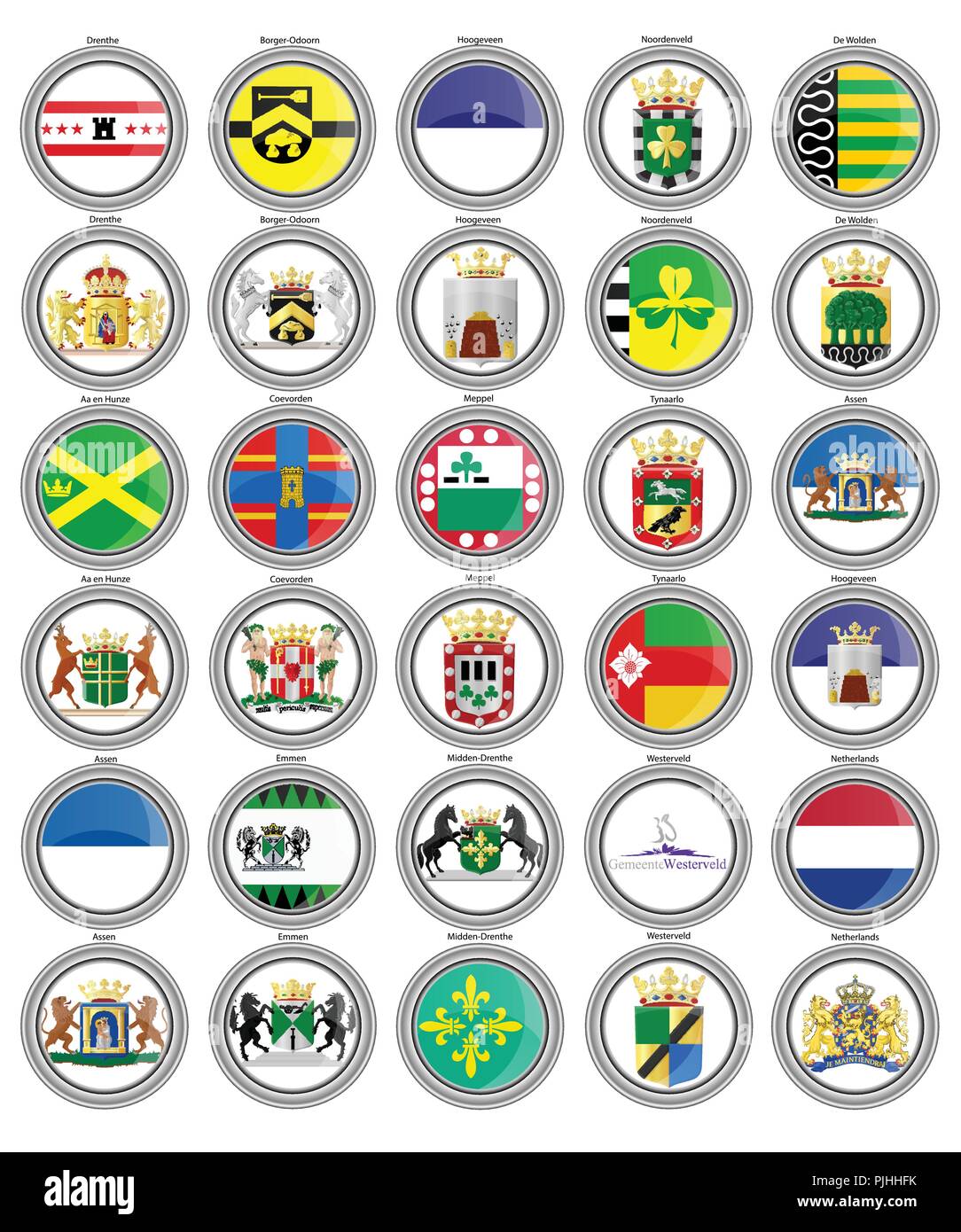 Set of icons. Flags of the Netherlands. Municipalities of the Drenthe province. 3D. Vector. Stock Vector