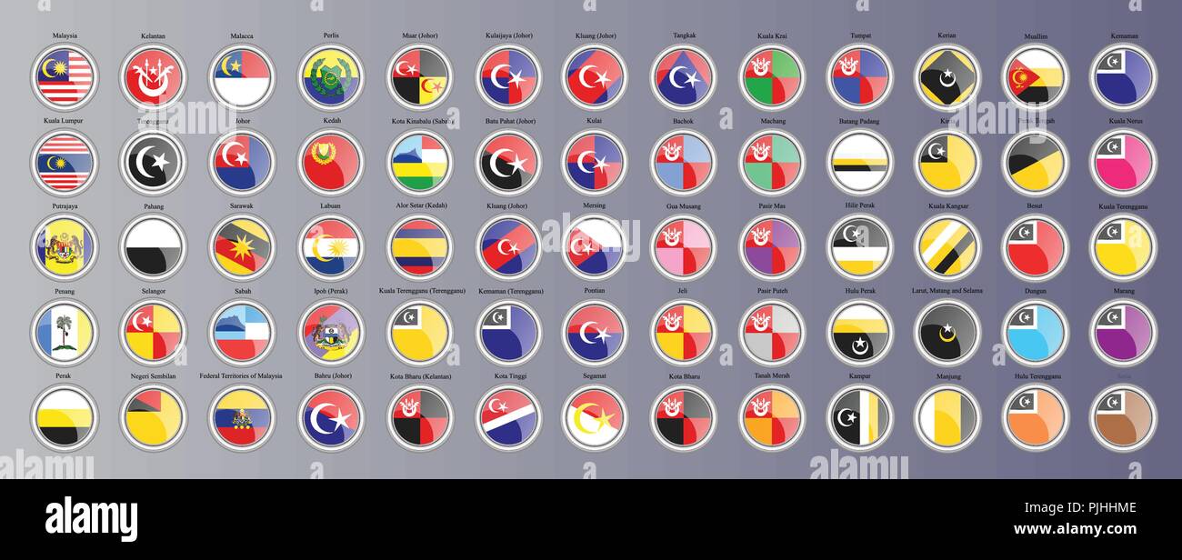 Set of icons. Flags of the Malaysian regions. 3D illustration 