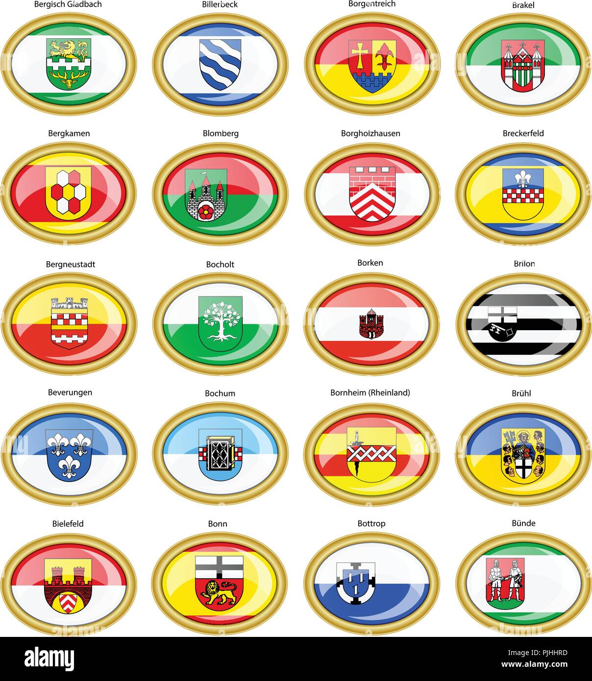 Set of icons. Flags of german cities (North Rhine-Westphalia). Vector. 3D. Stock Vector